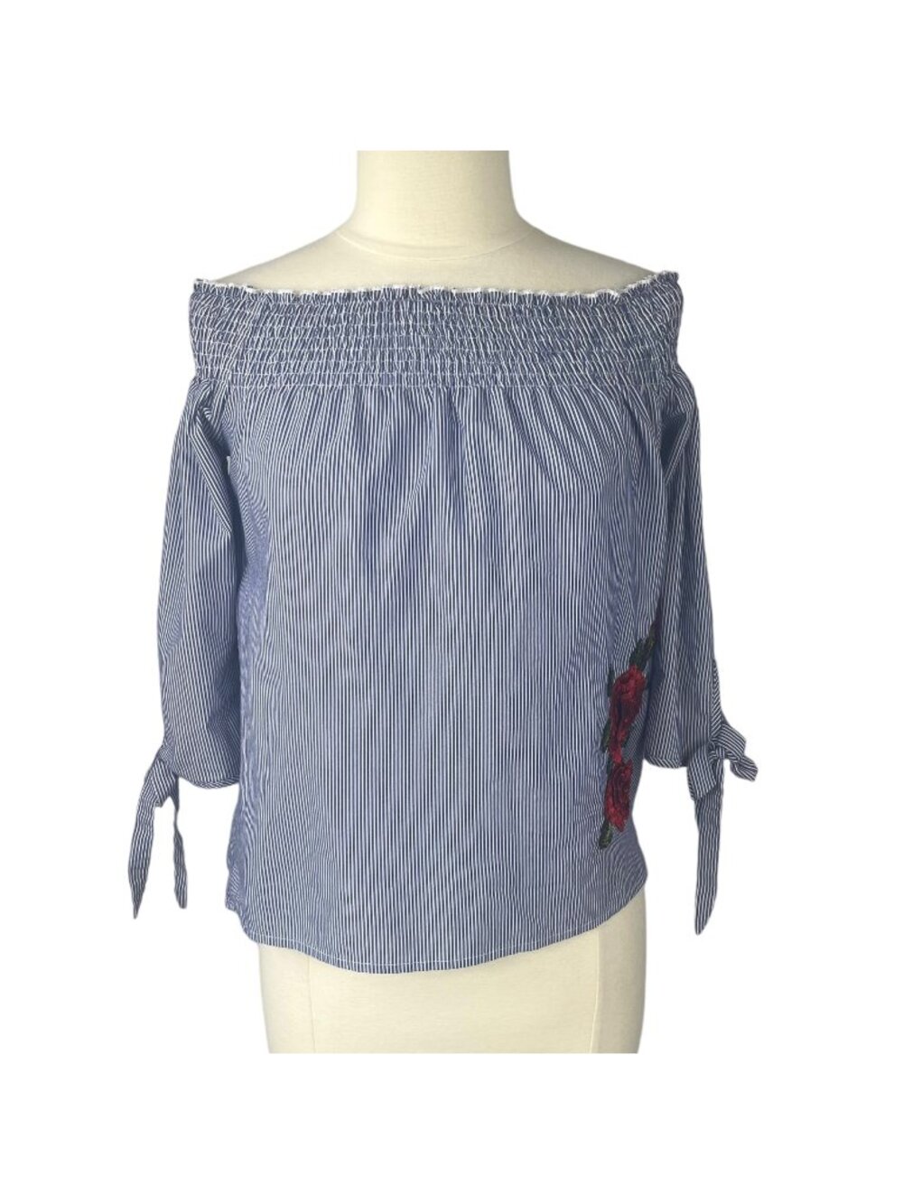 Gypsies & Moondust Off Shoulder Shirt Small Blue White Stripes Flower